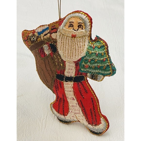 VTG Santa Christmas Ornament Fabric Silk Figurine Needlecraft Gold Thread 5.25” - Picture 2 of 7